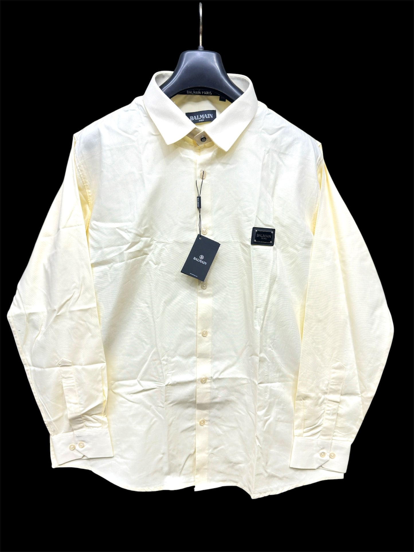 BALMAIN PARIS FRONT METAL LOGO AND LEATHER PATCH YELLOW SHIRT BIG SIZE