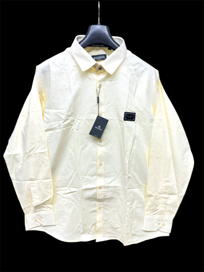 BALMAIN PARIS FRONT METAL LOGO AND LEATHER PATCH YELLOW SHIRT BIG SIZE