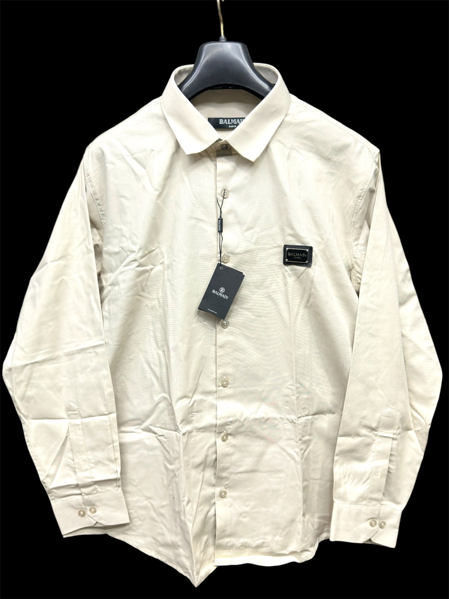 BALMAIN PARIS FRONT METAL LOGO AND LEATHER PATCH CREAME SHIRT BIG SIZE