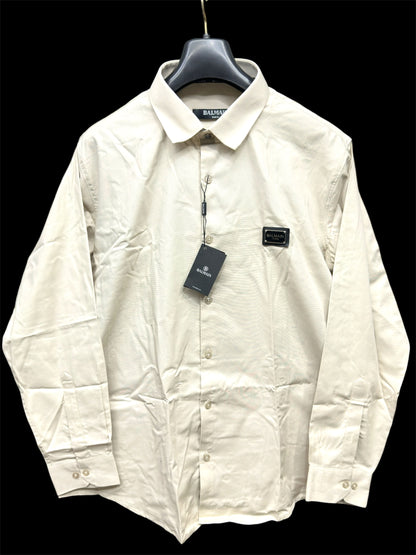 BALMAIN PARIS FRONT METAL LOGO AND LEATHER PATCH CREAME SHIRT BIG SIZE