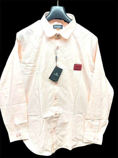 BALMAIN PARIS FRONT METAL LOGO AND LEATHER PATCH PINK SHIRT BIG SIZE