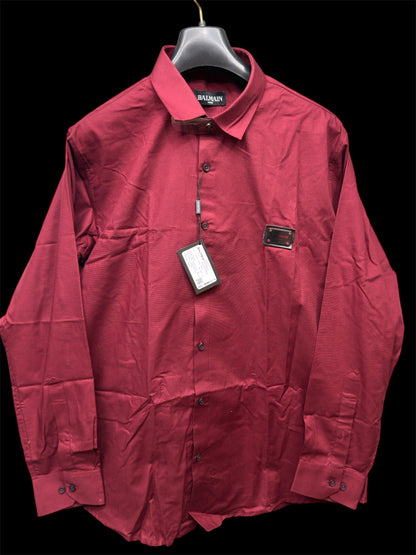 BALMAIN PARIS FRONT METAL LOGO AND LEATHER PATCH MAHROON SHIRT BIG SIZE