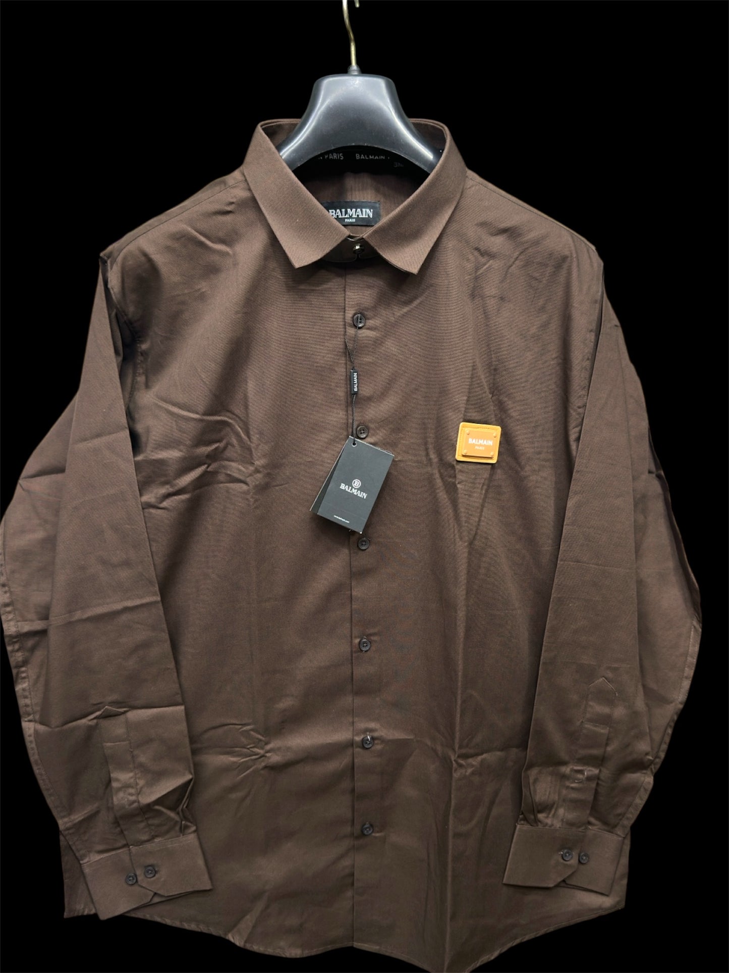 BALMAIN PARIS FRONT METAL LOGO AND LEATHER PATCH COCO BROWN SHIRT BIG SIZE
