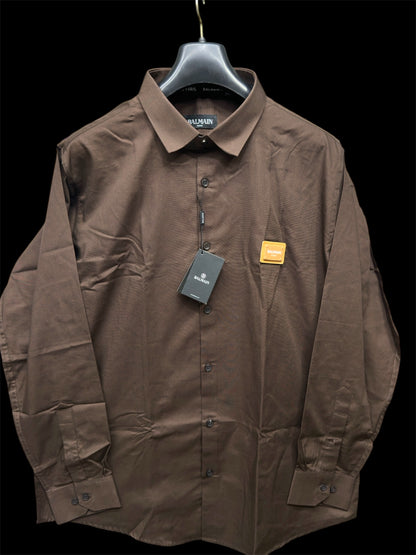 BALMAIN PARIS FRONT METAL LOGO AND LEATHER PATCH COCO BROWN SHIRT BIG SIZE