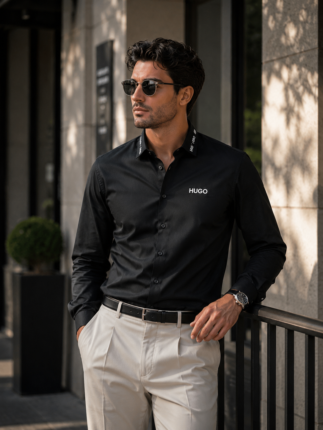 BOSS SHIRT BLACK COLOUR FRONT STRIP WITH METAL STEEL LOGO AND LEATHER PATCH