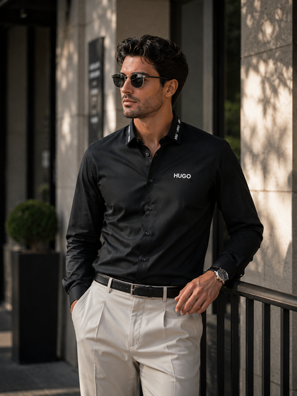 BOSS SHIRT BLACK COLOUR FRONT STRIP WITH METAL STEEL LOGO AND LEATHER PATCH