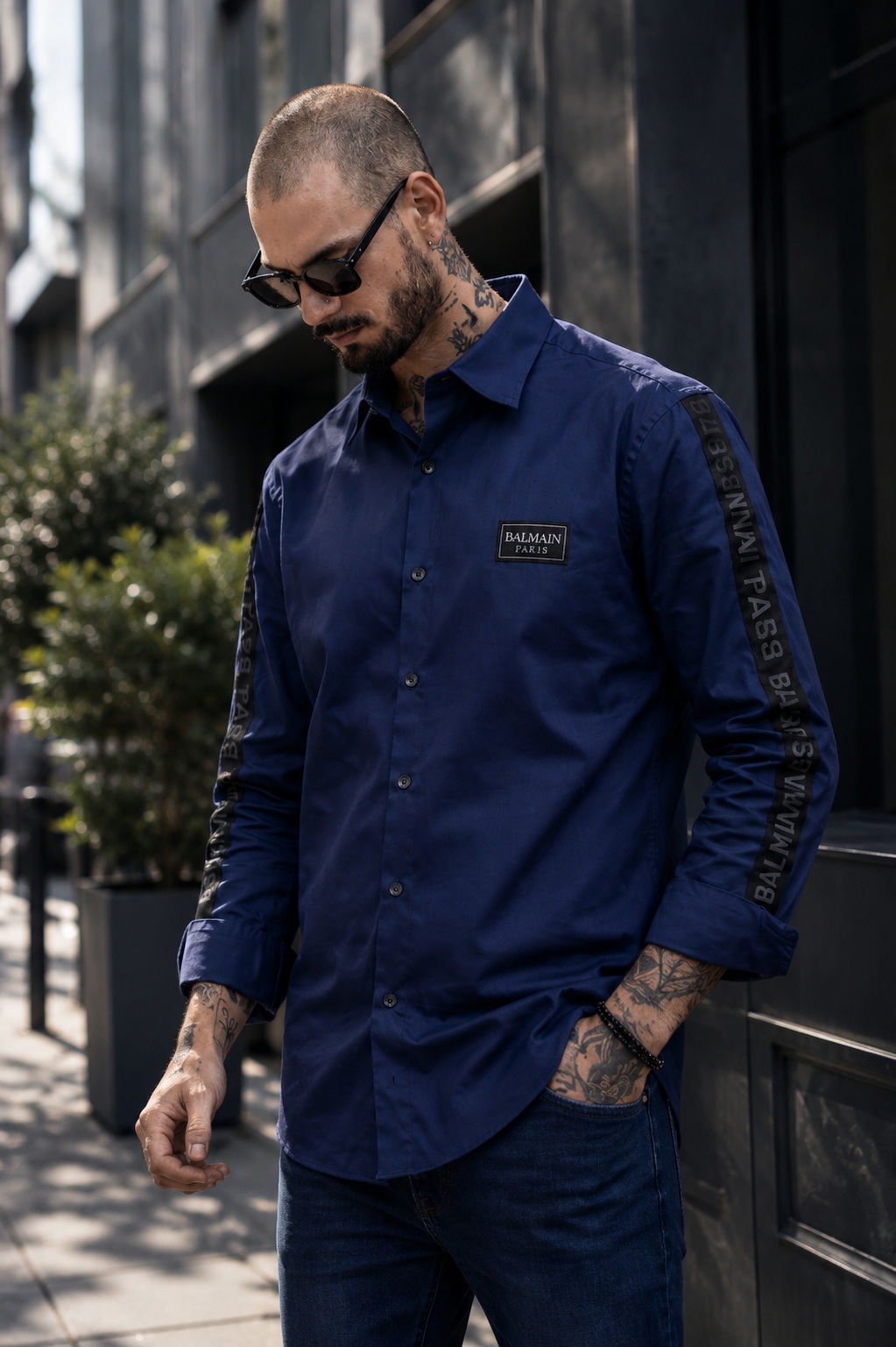 BALMAIN PARIS SIDE STRIP BLUE SHIRT