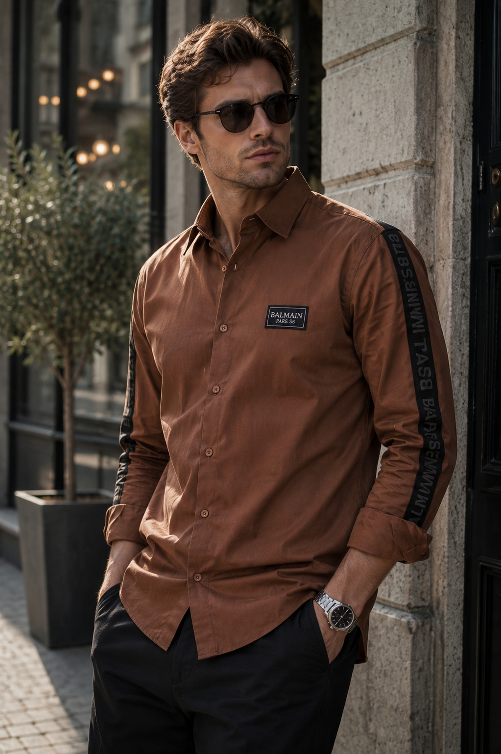 BALMAIN PARIS SIDE STRIP BROWN SHIRT