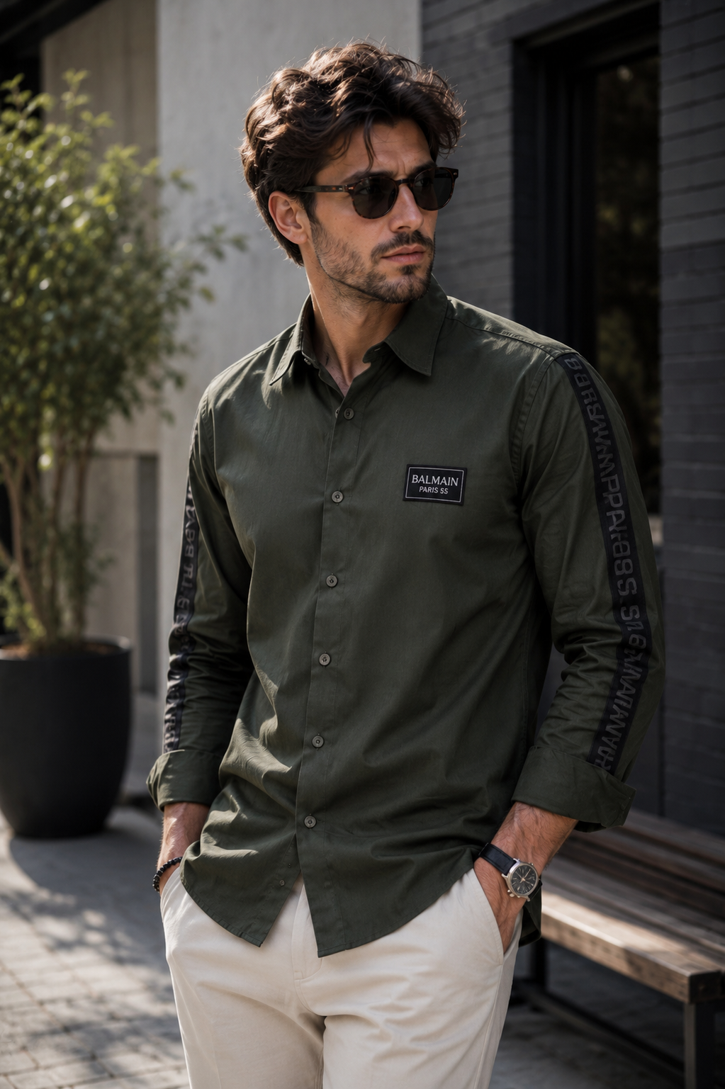 BALMAIN SIDE STRIP GREEN SHIRT