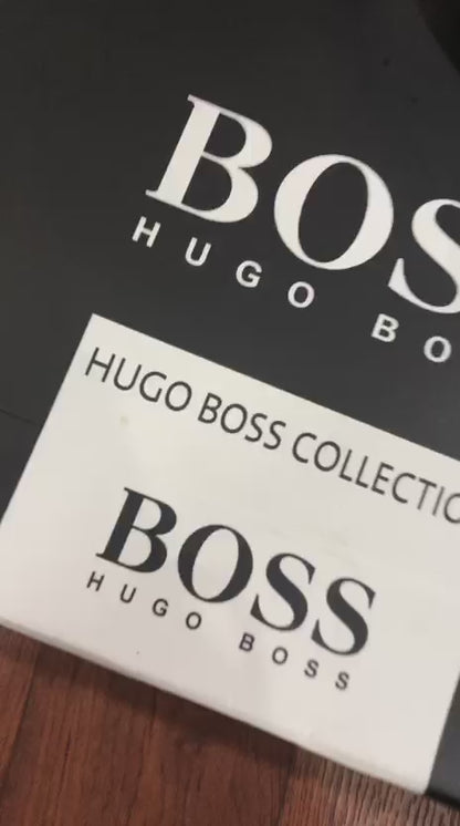 BOSS SHIRT BLACK COLOUR COLLAR STRIP WITH METAL STEEL LOGO AND LEATHER PATCH