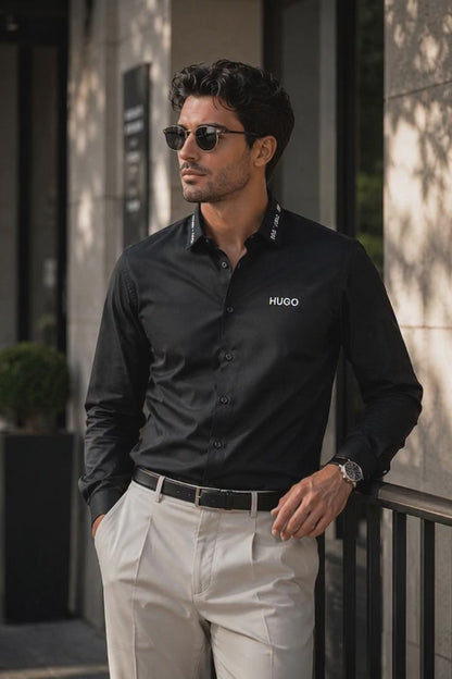 BOSS SHIRT BLACK COLOUR FRONT STRIP WITH METAL STEEL LOGO AND LEATHER PATCH