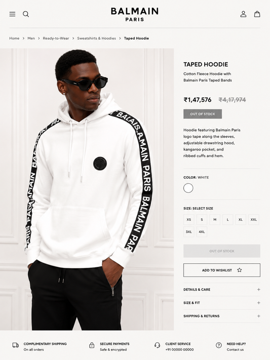 BALMAIN PARIS MEN'S PREMIUM WHITE HOODIE