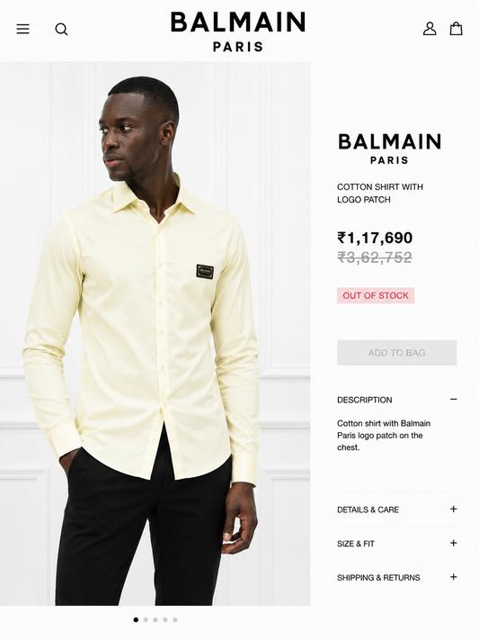 BALMAIN PARIS FRONT METAL LOGO AND LEATHER PATCH LIGHT YELLOW SHIRT BIG SIZE
