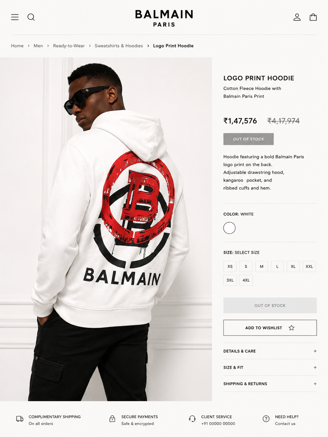 BALMAIN PARIS MEN'S PREMIUM WHITE HOODIE