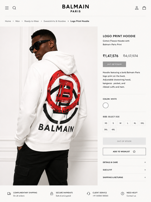 BALMAIN PARIS MEN'S PREMIUM WHITE HOODIE