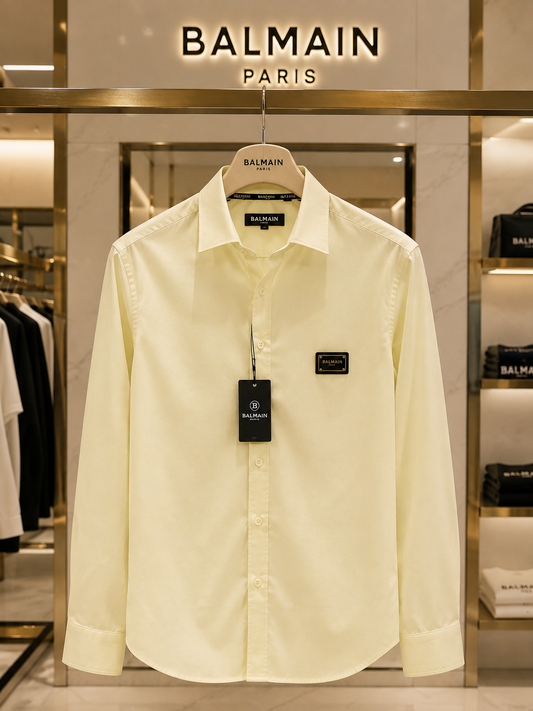 BALMAIN PARIS FRONT METAL LOGO AND LEATHER PATCH LIGHT YELLOW SHIRT BIG SIZE