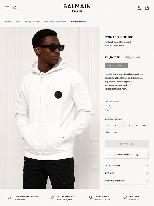 BALMAIN PARIS MEN'S PREMIUM WHITE HOODIE