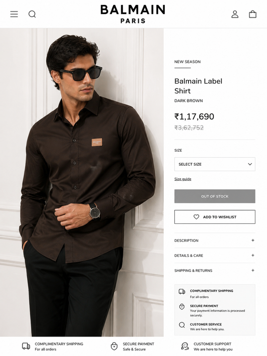BALMAIN PARIS FRONT METAL LOGO AND LEATHER PATCH DARK BROWN SHIRT BIG SIZE