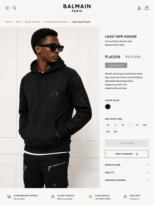 BALMAIN PARIS MEN'S PREMIUM BLACK HOODIE