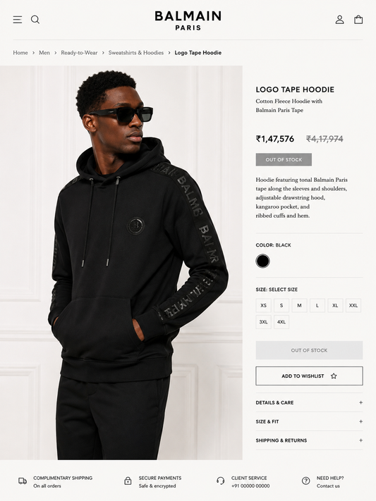 BALMAIN PARIS MEN'S PREMIUM BLACK HOODIE