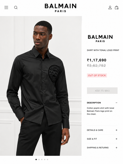 BALMAIN PARIS VELVET LOGO BLACK SHIRT