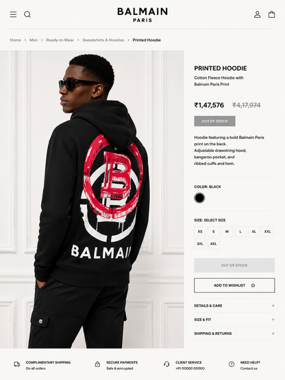 BALMAIN PARIS MEN'S PREMIUM BLACK HOODIE
