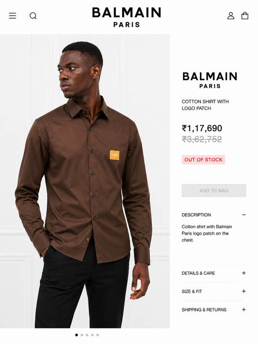 BALMAIN PARIS FRONT METAL LOGO AND LEATHER PATCH COCO BROWN SHIRT BIG SIZE