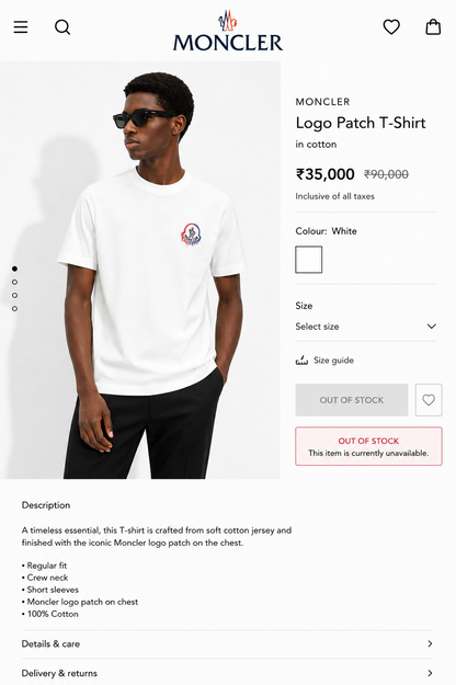 MONCLER IMPORTED LUXURY HIGH QUALITY WHITE TSHIRT
