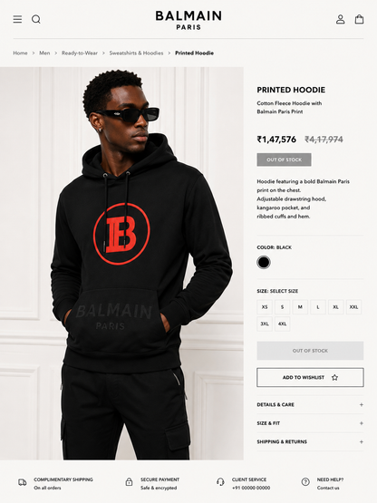 BALMAIN PARIS MEN'S PREMIUM BLACK HOODIE