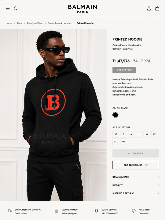 BALMAIN PARIS MEN'S PREMIUM BLACK HOODIE
