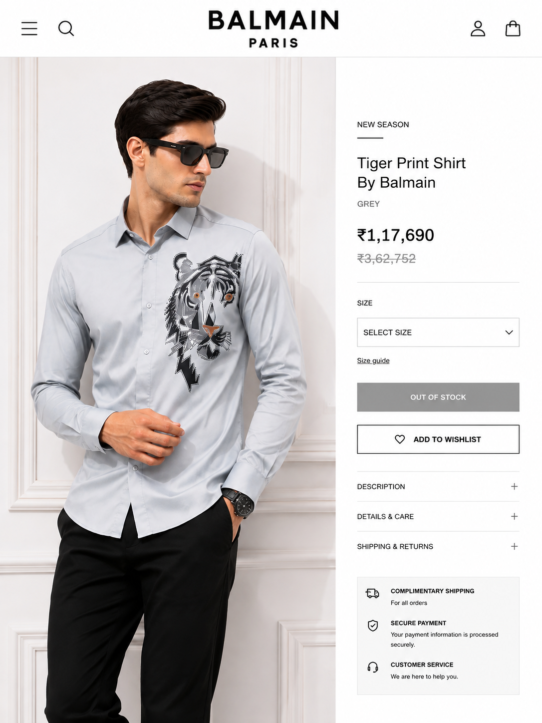 BALMAIN PARIS TIGER IMPORTED GREY SHIRT