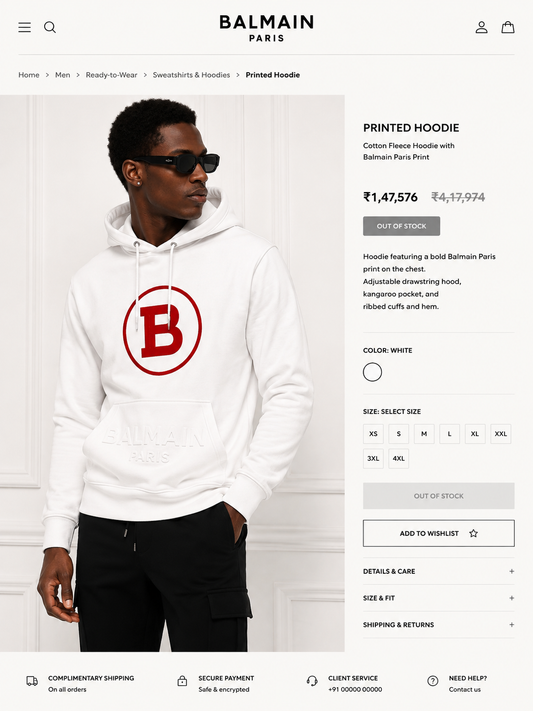 BALMAIN PARIS MEN'S PREMIUM WHITE HOODIE